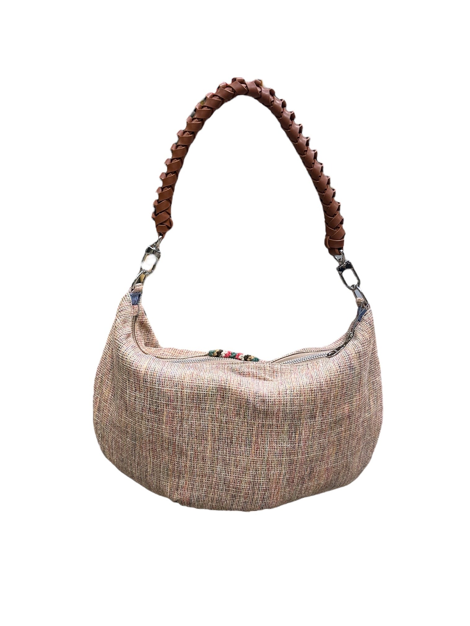 Beige handbag with a brown handle on a white background