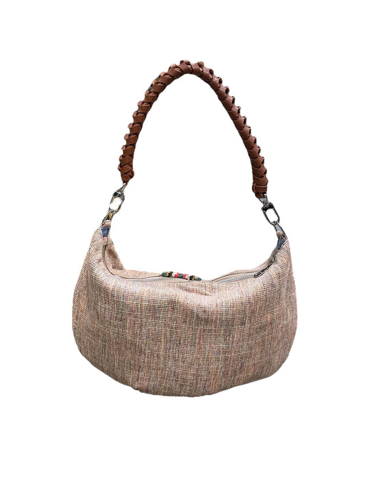 Beige handbag with a brown handle on a white background