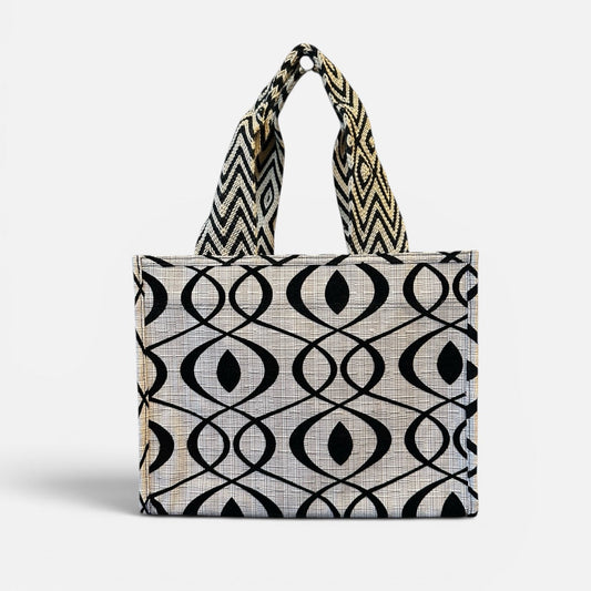 Tote bag with geometric pattern on a white background