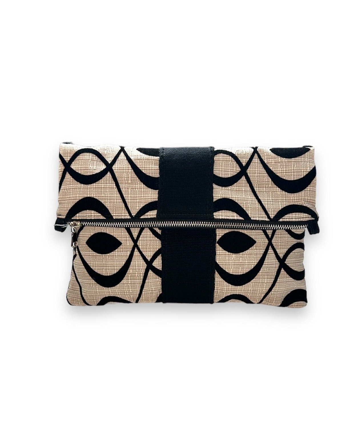 Cream and black felted swirl folded clutch bag with Wayuu trim. 