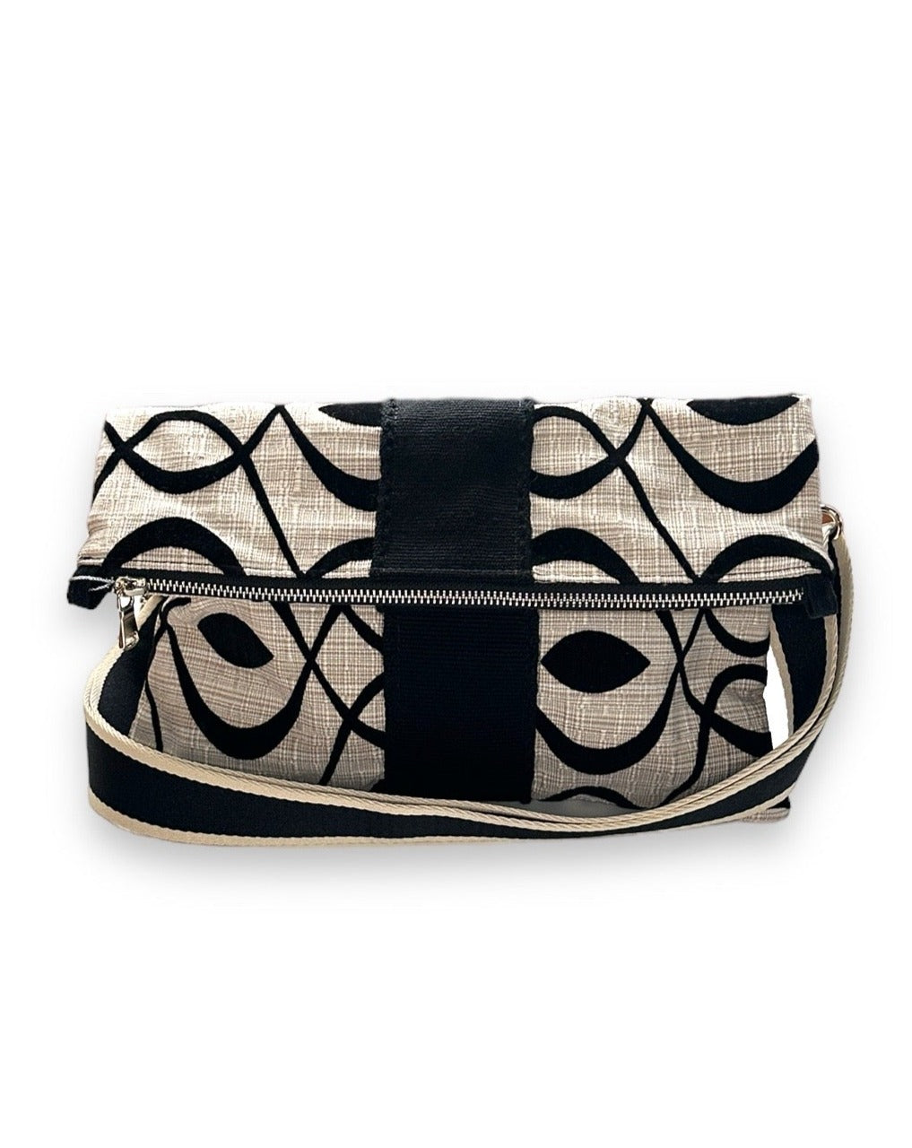 Cream and black Felted Swirl foldover crossbody bag with Wayuu Trim.