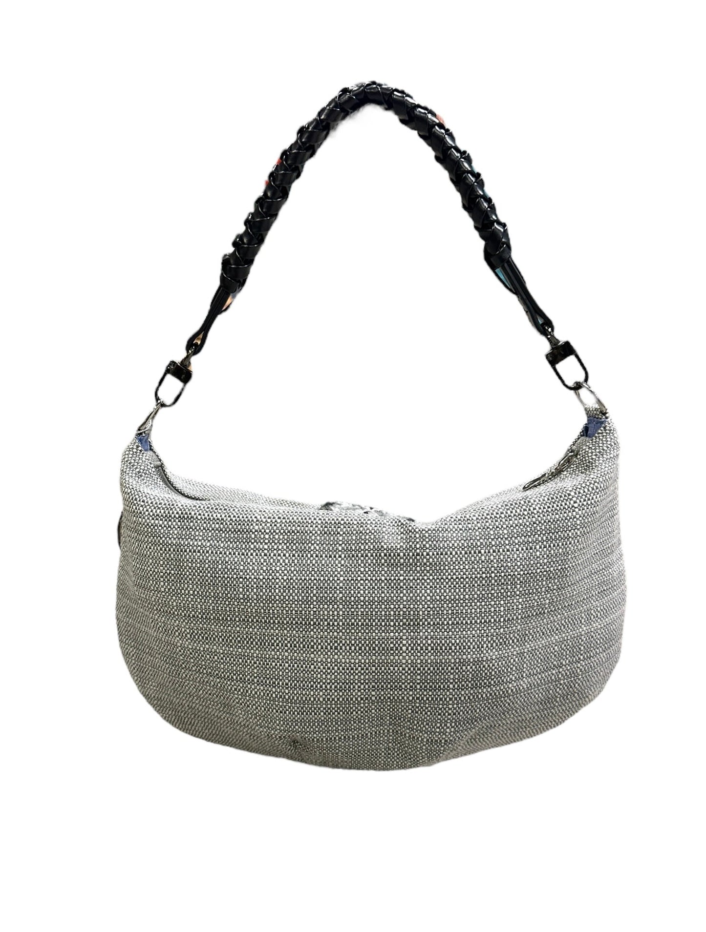 Gray woven handbag with a braided handle on a white background