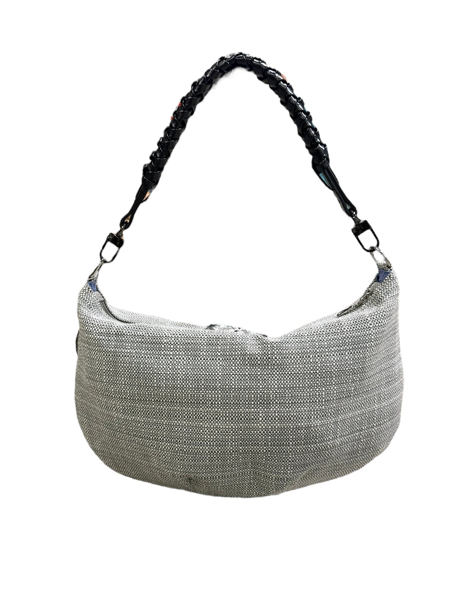 Gray woven handbag with a braided handle on a white background