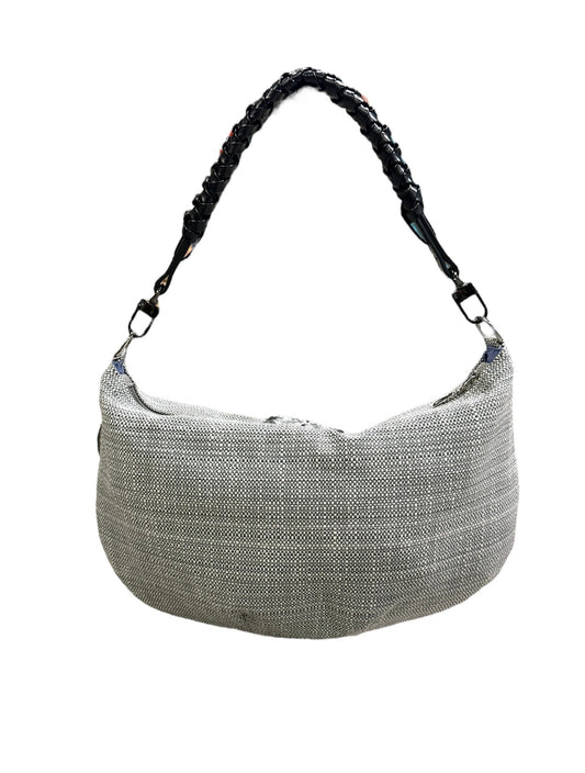 Gray woven handbag with a braided handle on a white background
