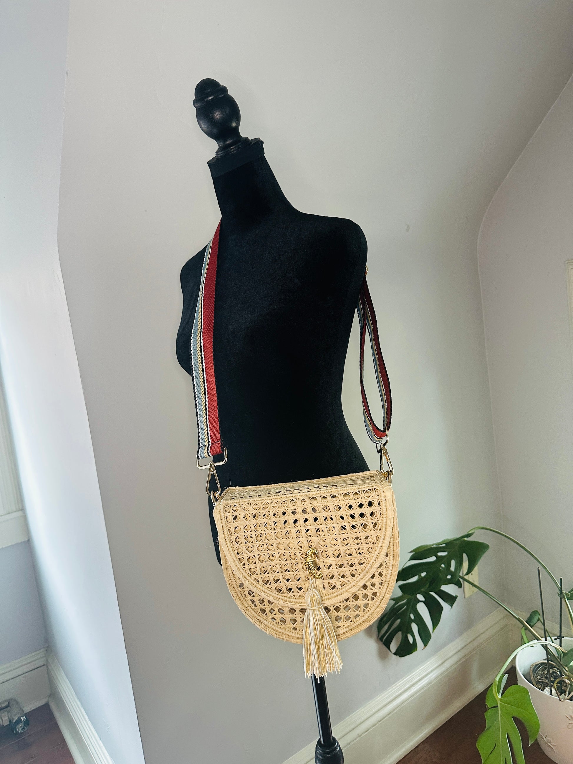 Palm Straw Crossbody Bag with Guitar Strap, Beige/ White Tassel