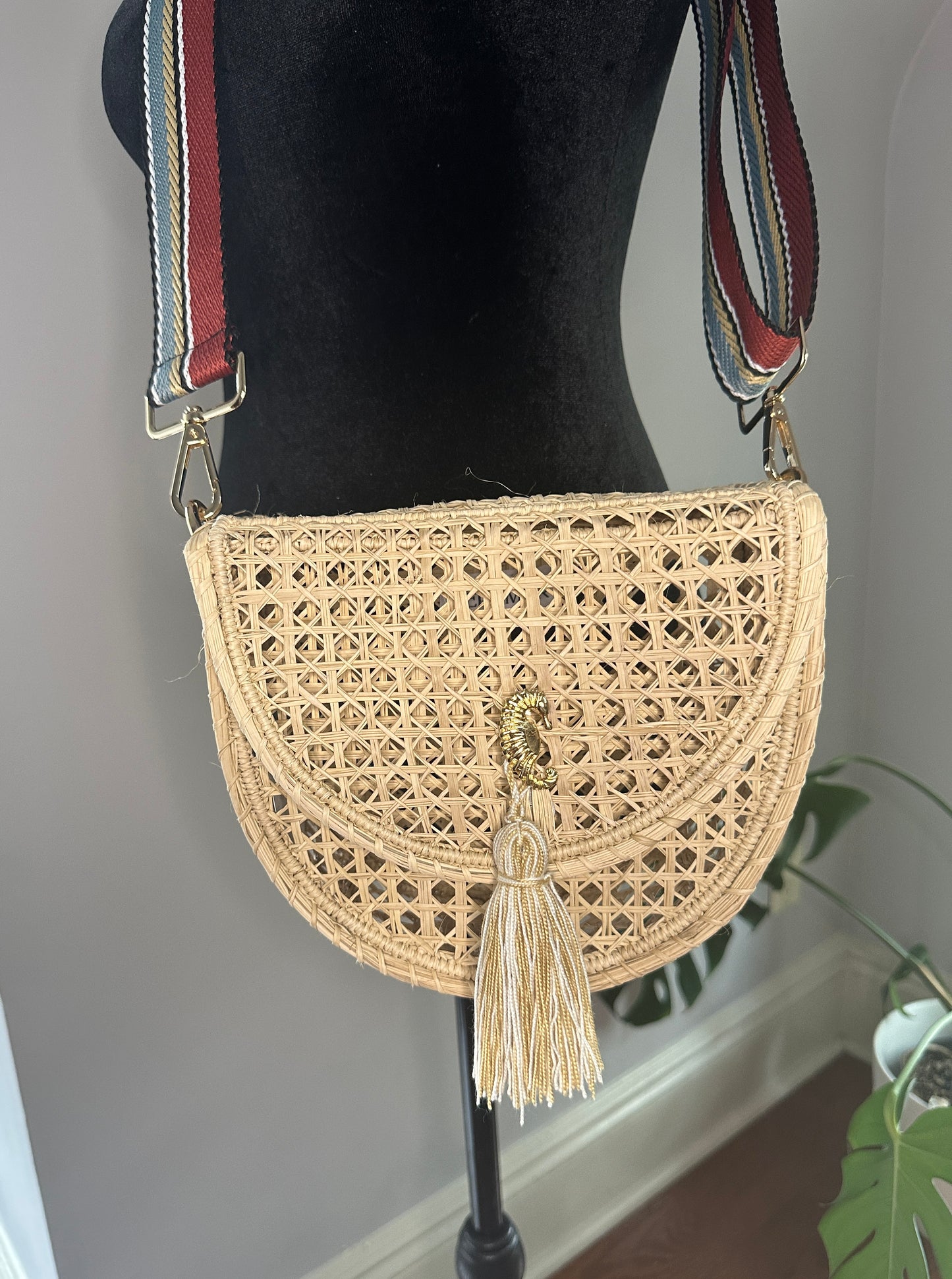 Irica Palm Straw Crossbody Bag with Pom Pom