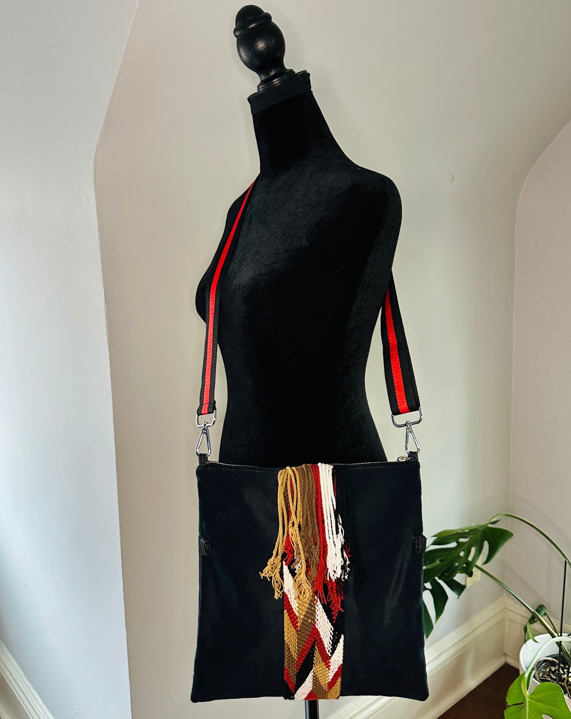 Foldover Crossbody Bag- Black Denim and Faux Suede evening clutch bag with stripe webbing strap. 