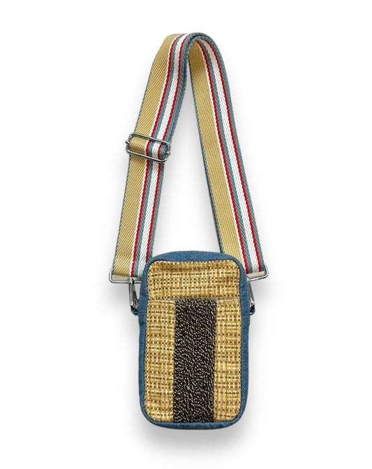 Tan weave and denim handsfree crossbody bag