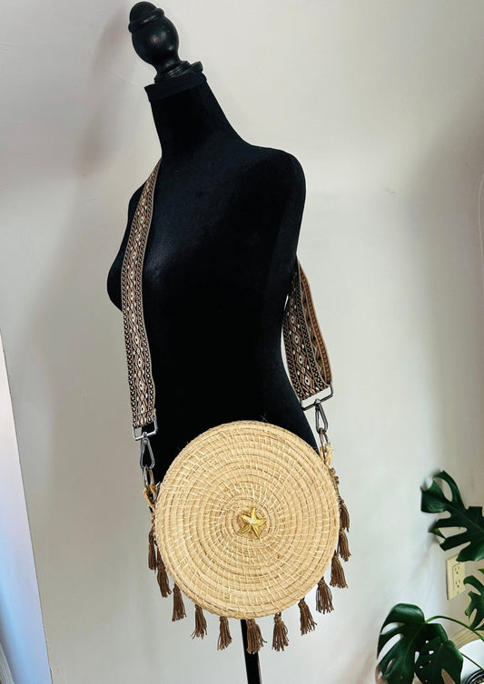 Irica Palm Straw Crossbody Bag with Tassels