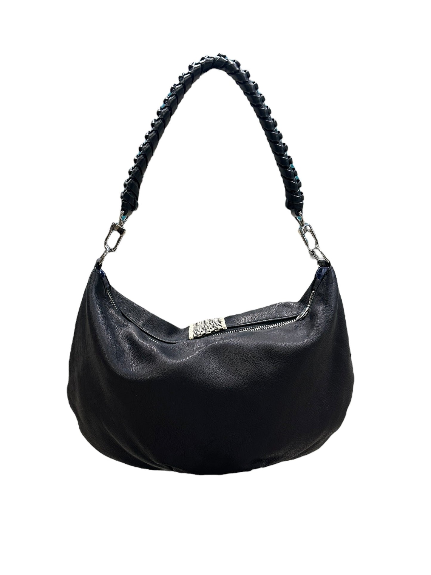 Black handbag with braided handle on a white background