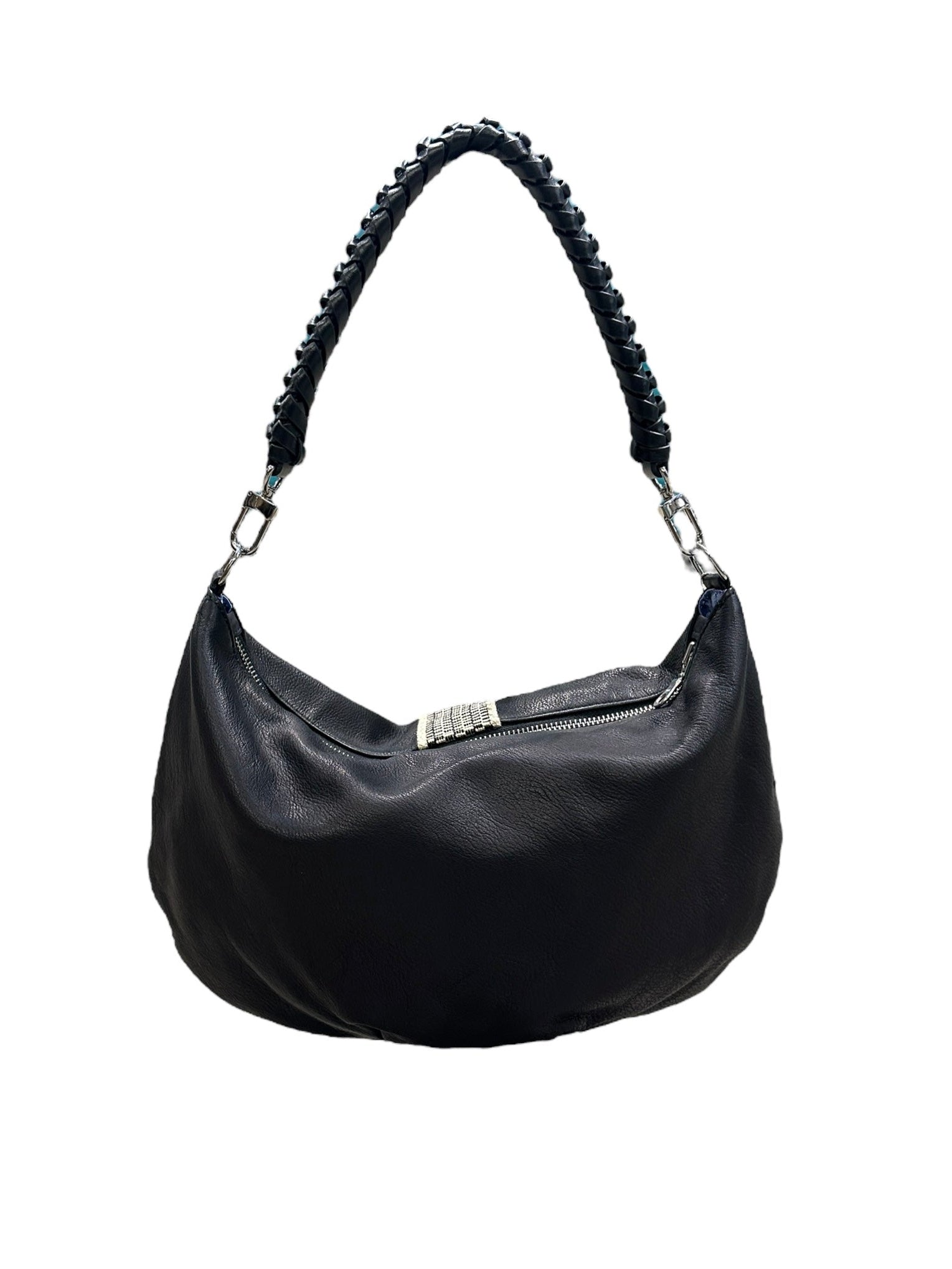 Black handbag with braided handle on a white background