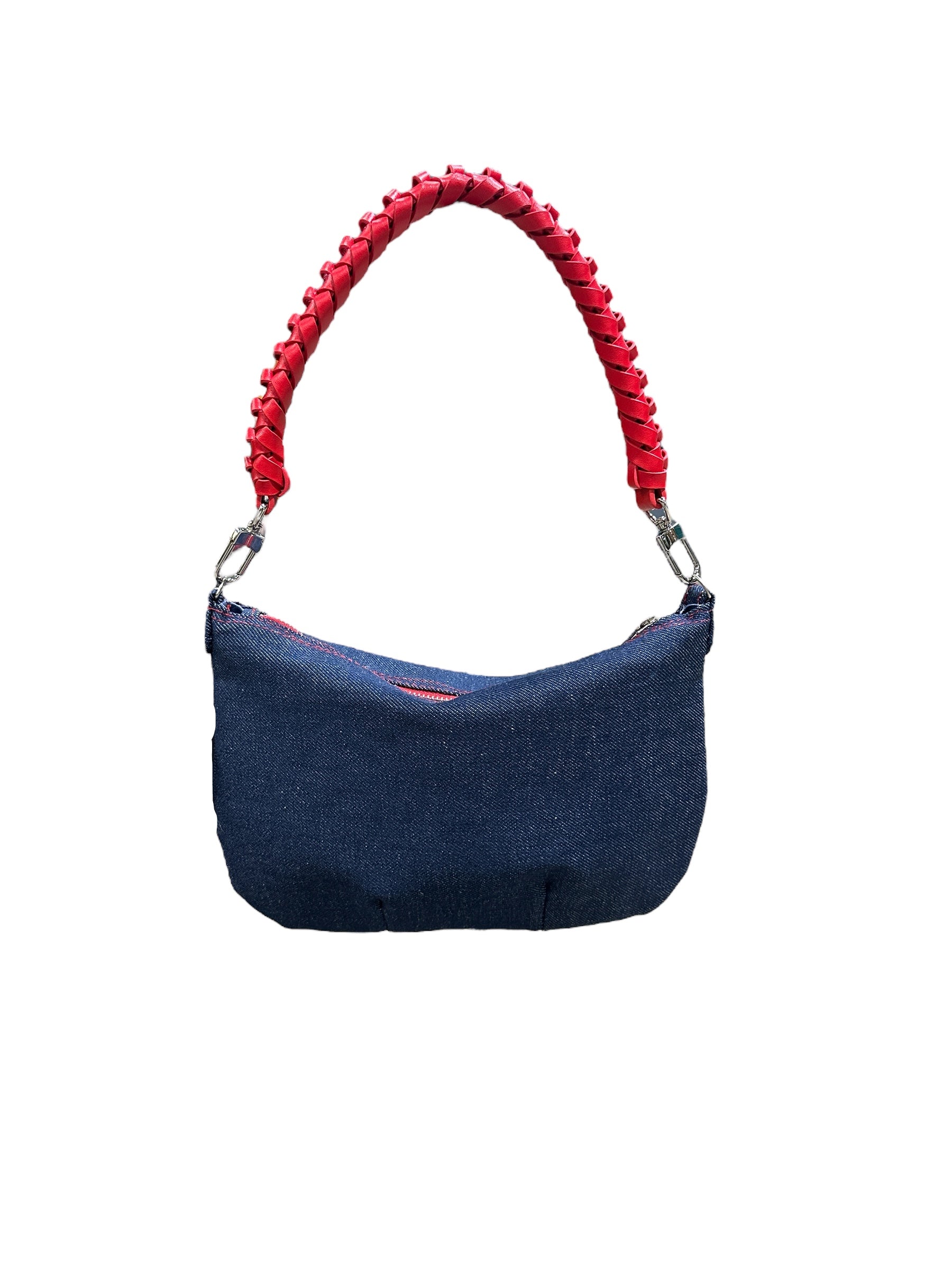 Blue handbag with red beaded handle on a white background