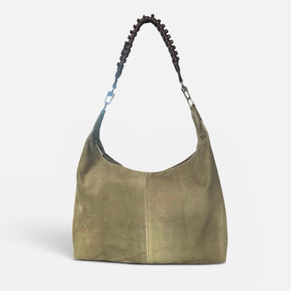 Medium olive suede slouchy shoulder bag with a braided leather strap. Soft, versatile, and designed for effortless everyday style, work, and weekends.
