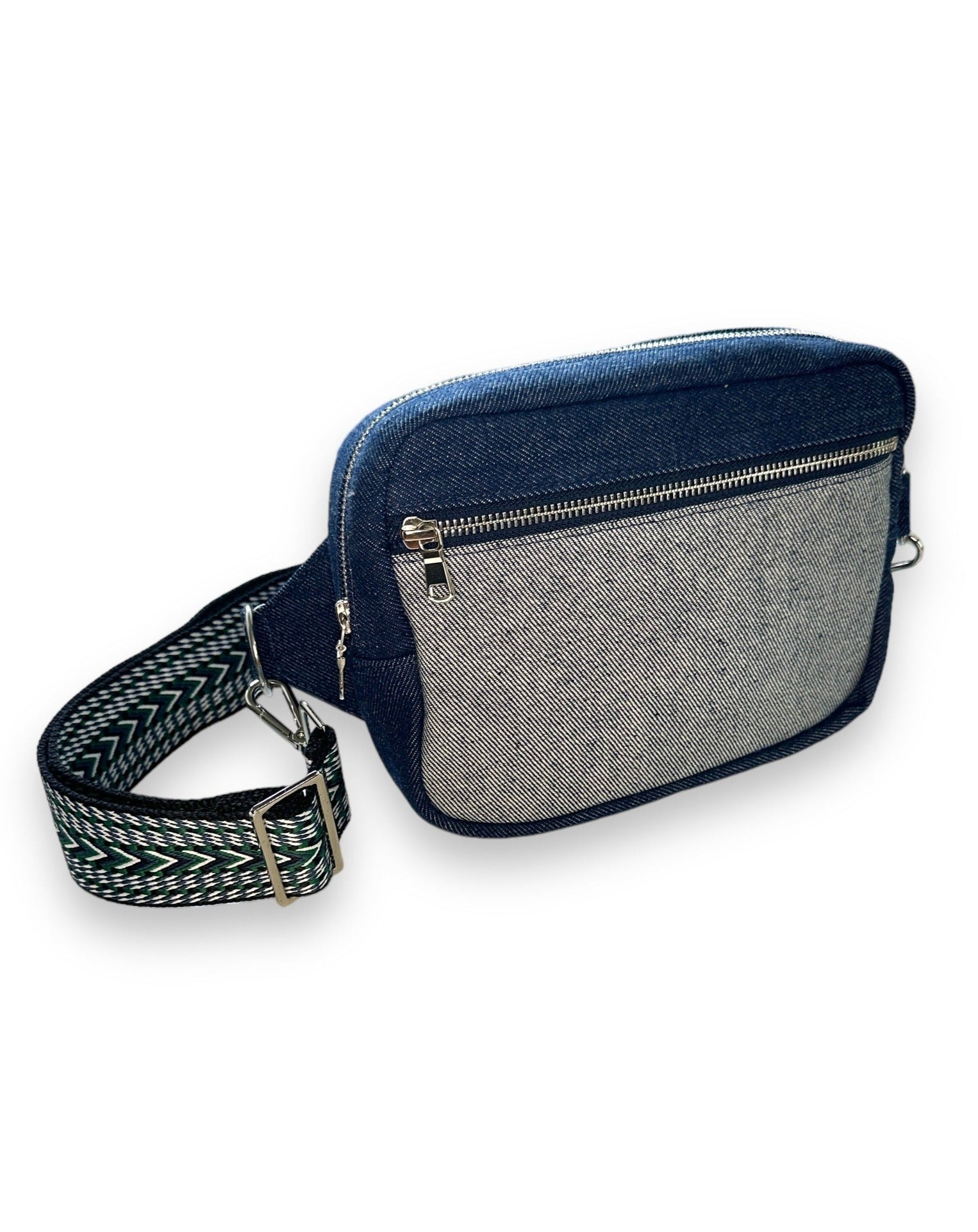 Denim unisex sling crossbody travel bag.