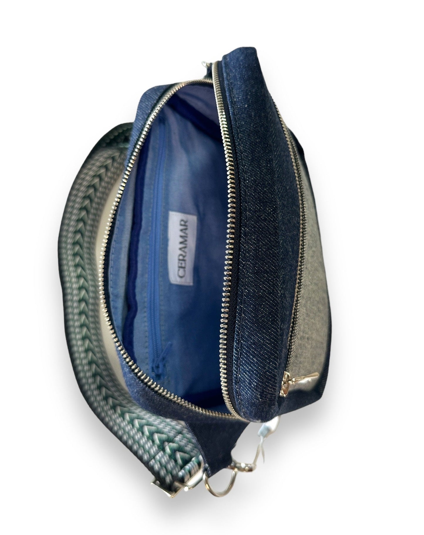 2 Tone Blue Denim Sling Crossbody Travel Bag with Blue Guitar Strap Webbing