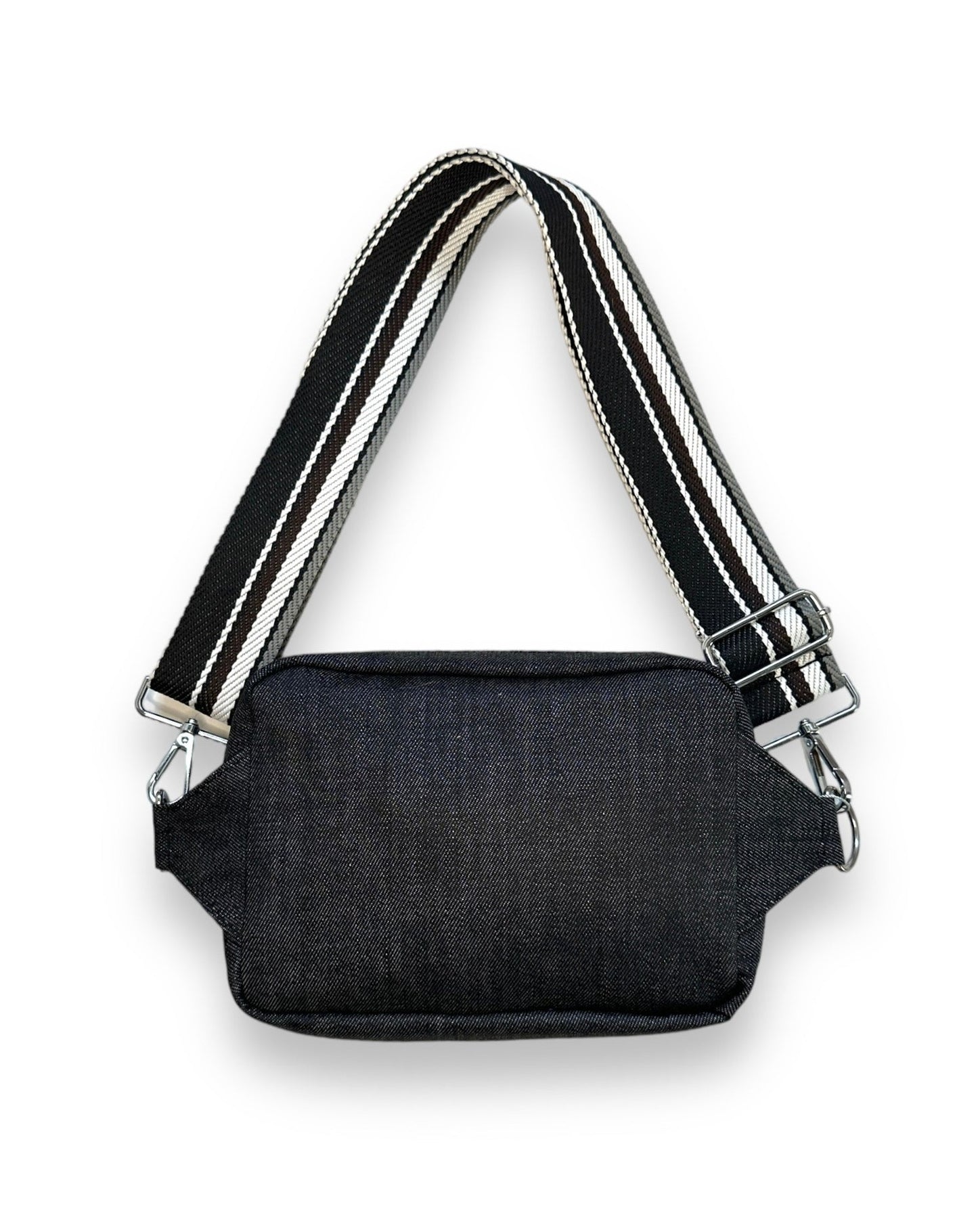Black denim unisex sling crossbody bag. 
