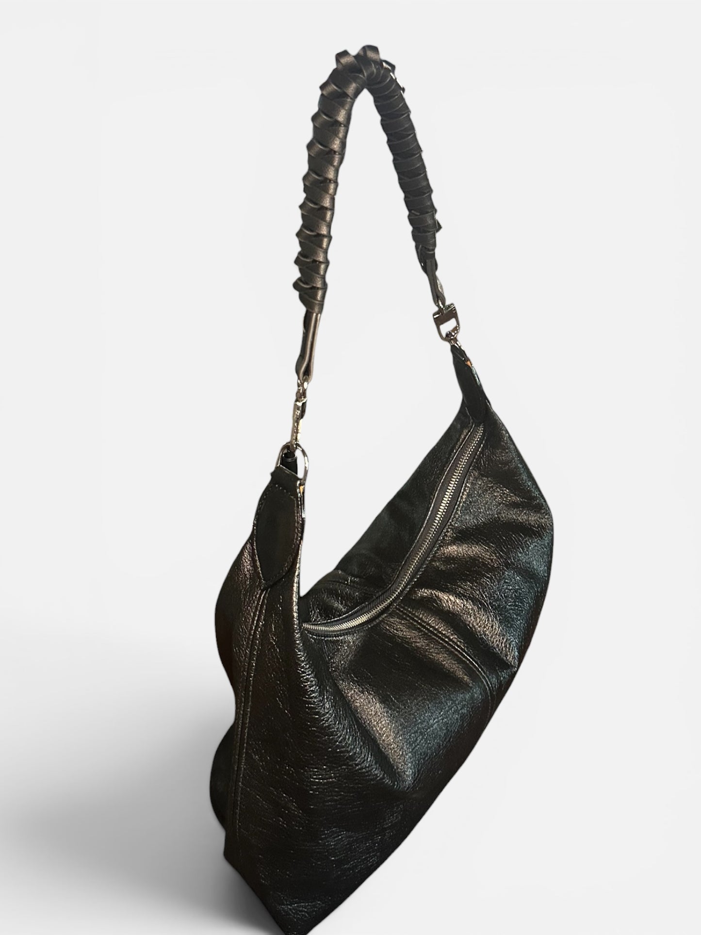 Black Crinkle Leather Medium Slouchy Shoulder Bag