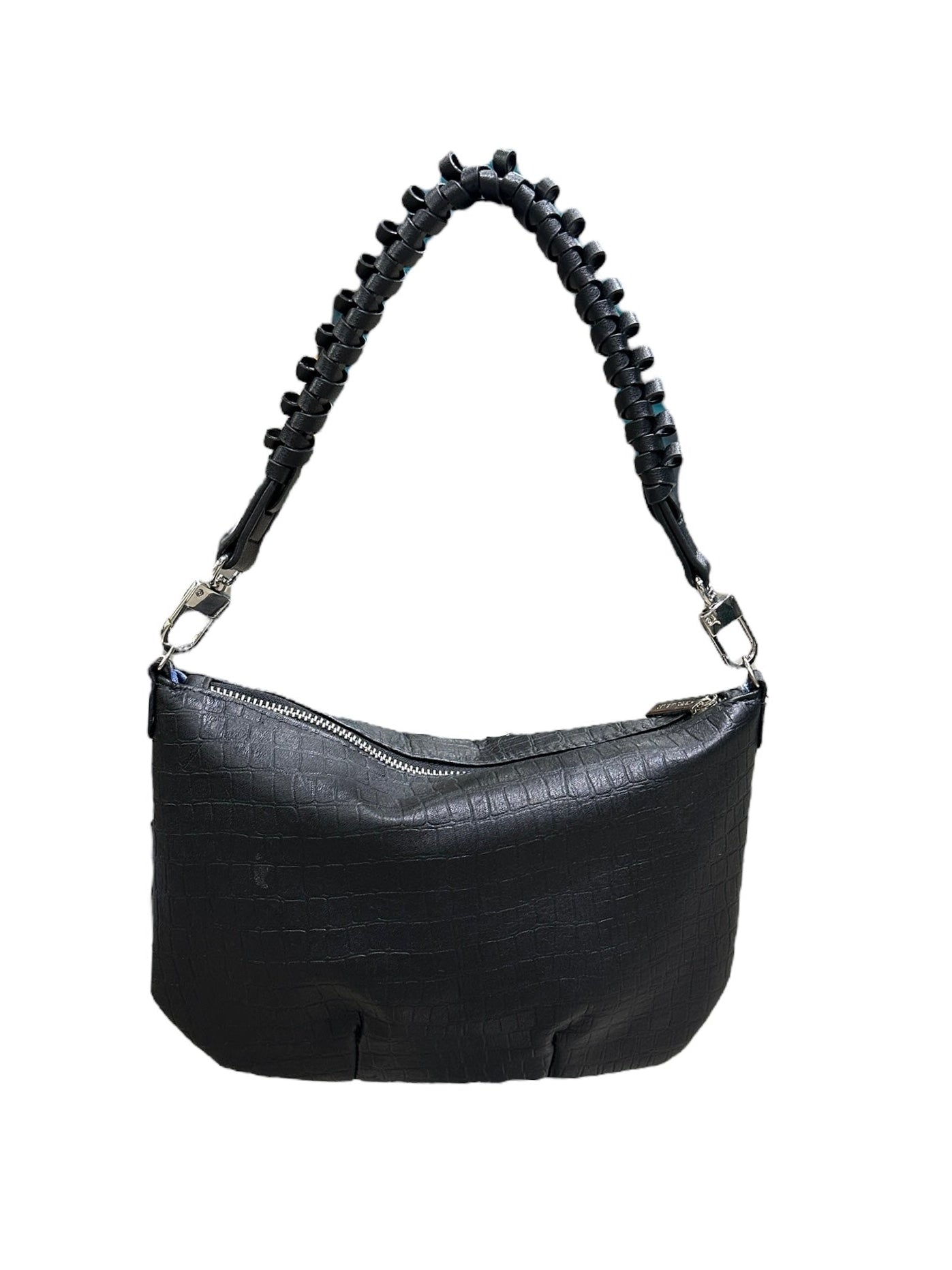 Black handbag with braided handle on a white background