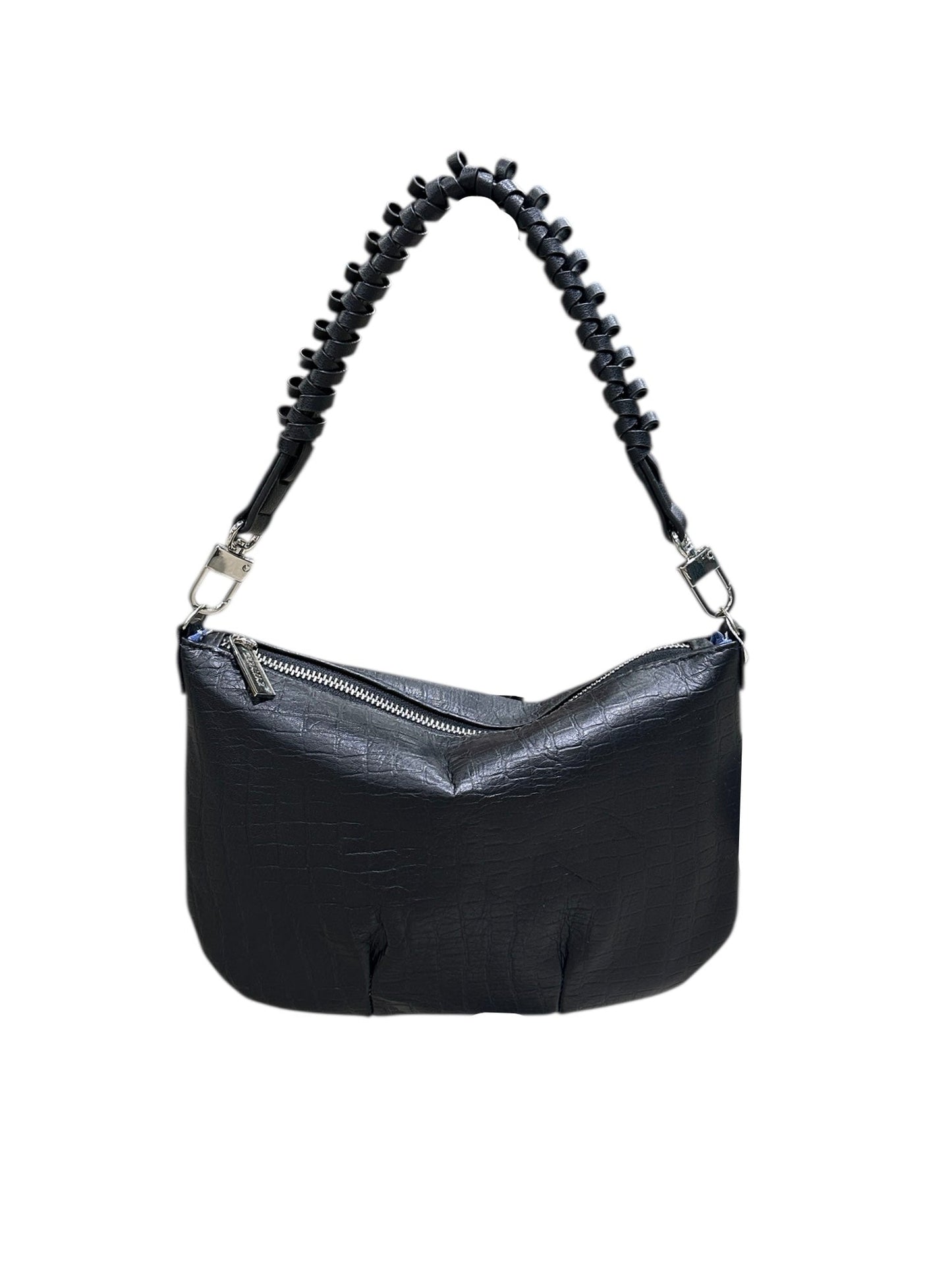 Black handbag with a textured handle on a white background
