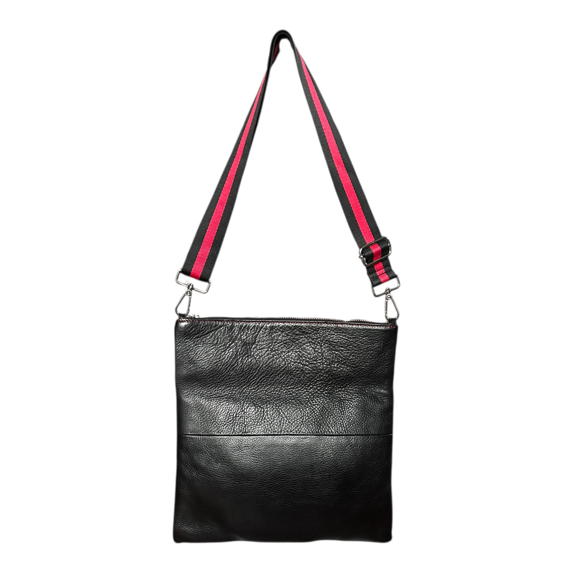 Red and black leather crossbody bag with sleek, modern design