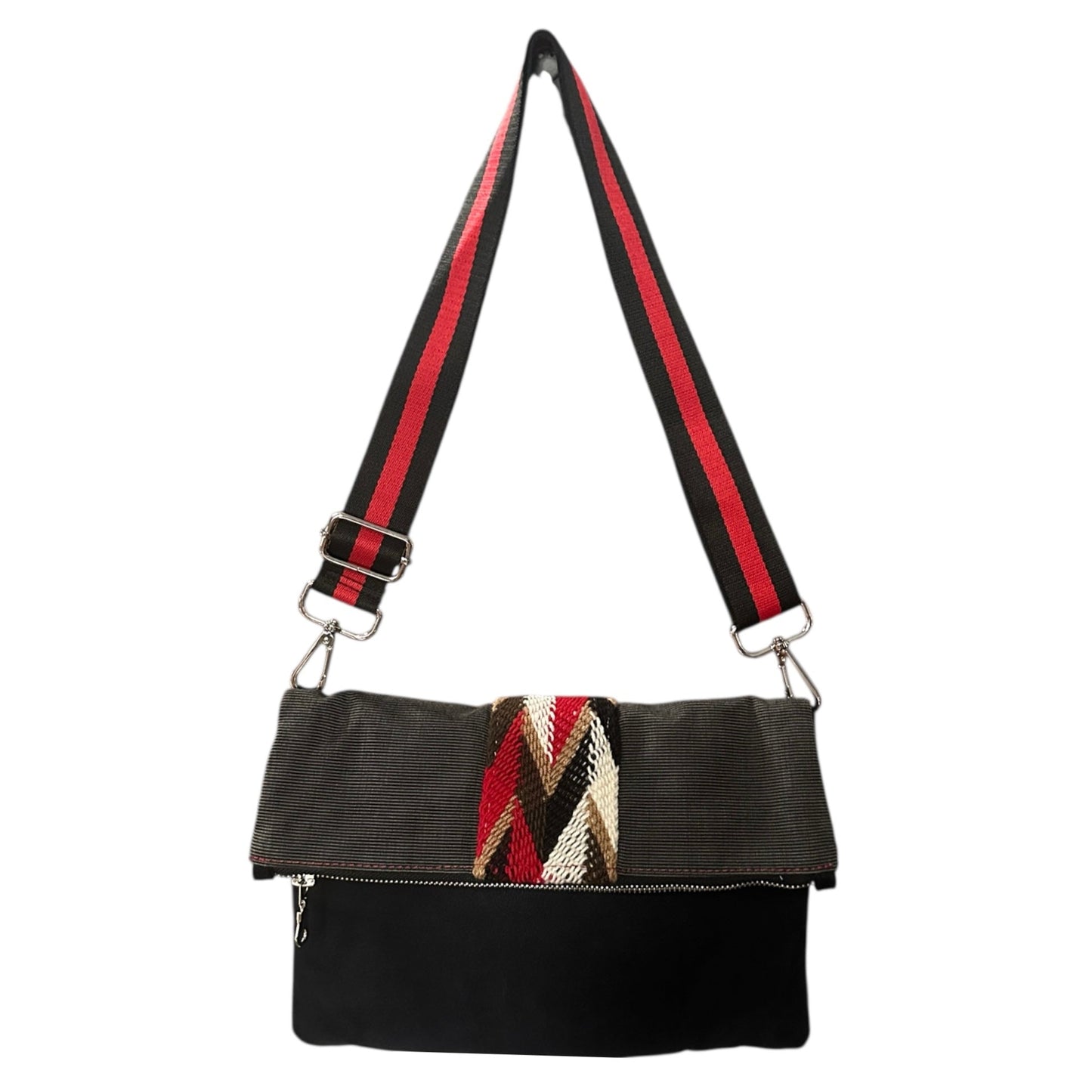 Faux suede black crossbody bag with subtle pinstripe design