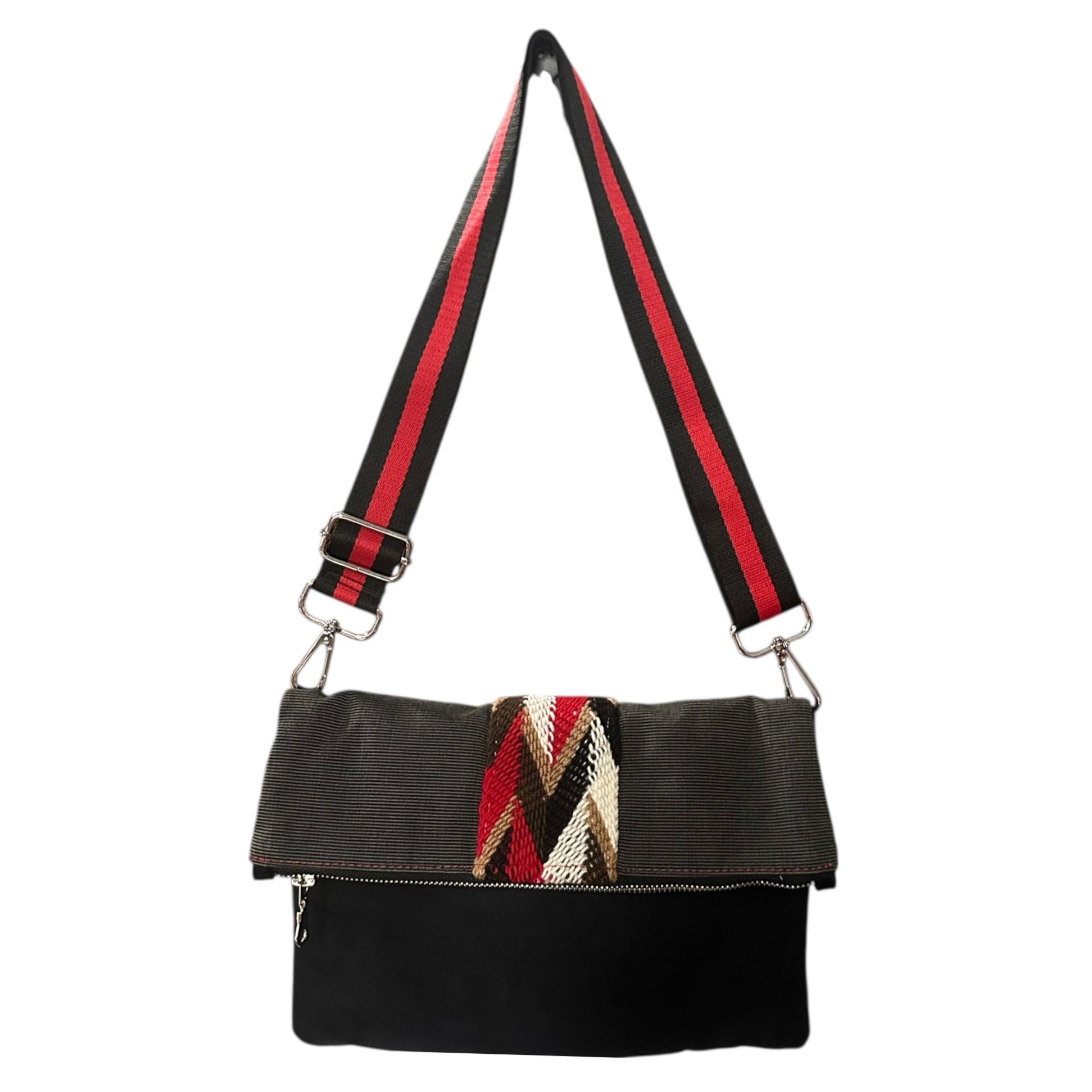 Faux suede black crossbody bag with subtle pinstripe design