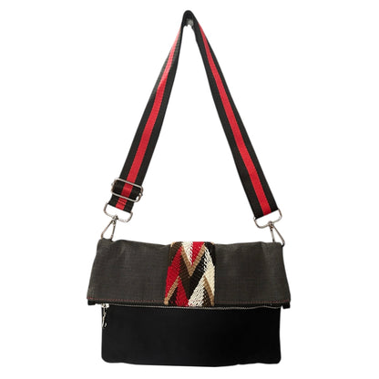 Faux suede black crossbody bag with subtle pinstripe design