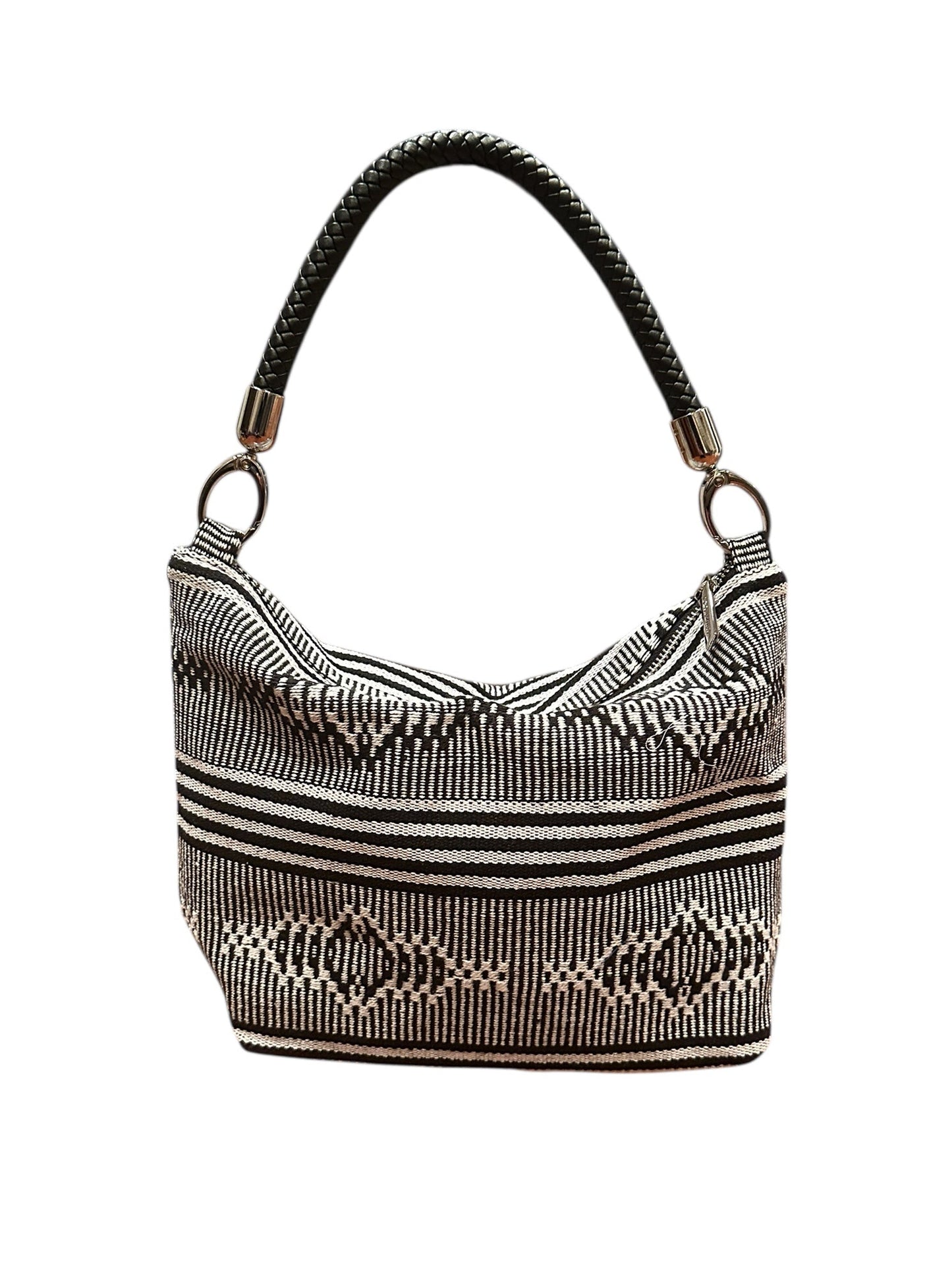 Handbag with a woven pattern on a white background