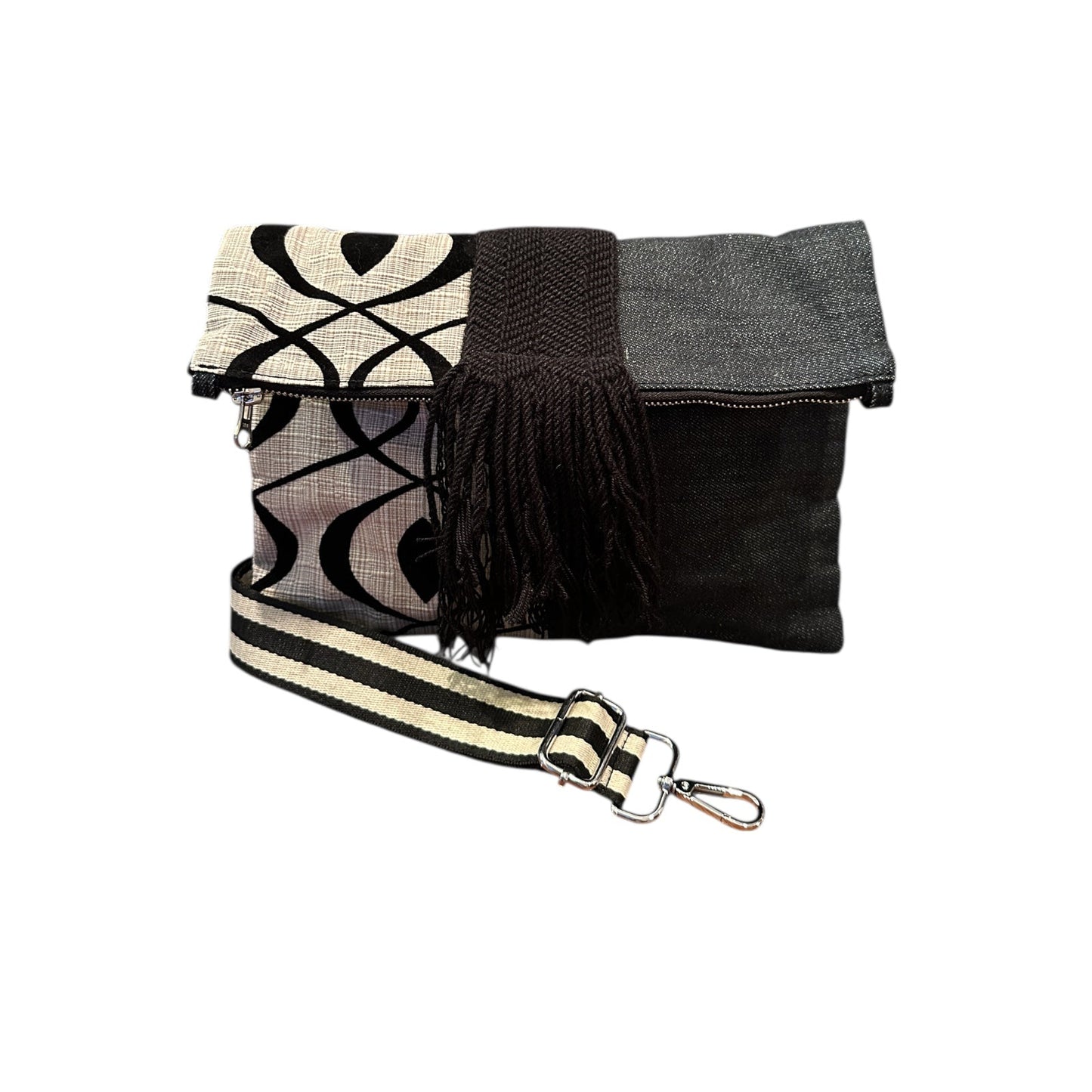 Cream and black crossbody bag with adjustable strap