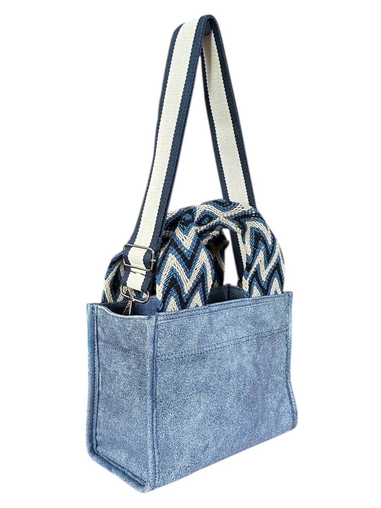 Denim tote bag with a zigzag patterned pouch on a white background