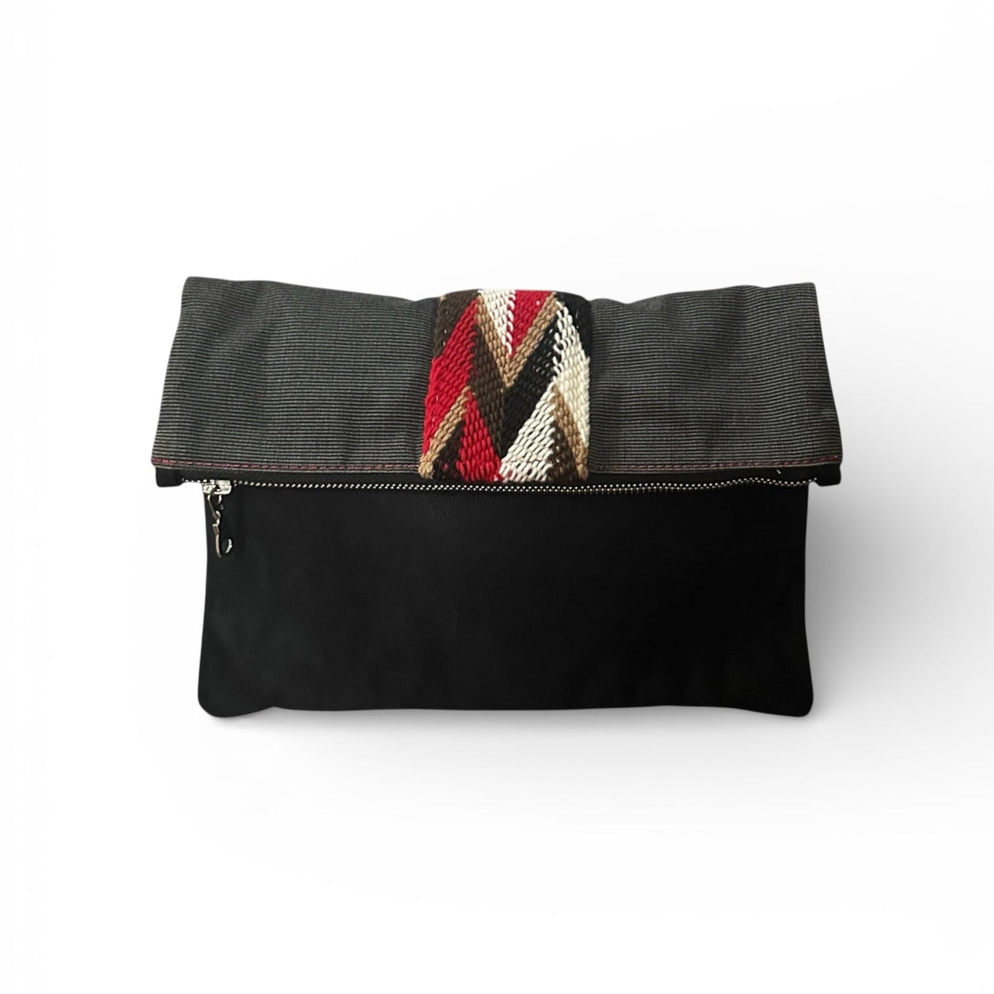 Black faux suede crossbody bag with removable strap and pinstripe pattern