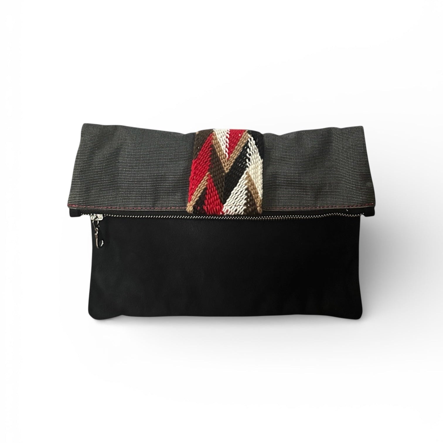 Black faux suede crossbody bag with removable strap and pinstripe pattern