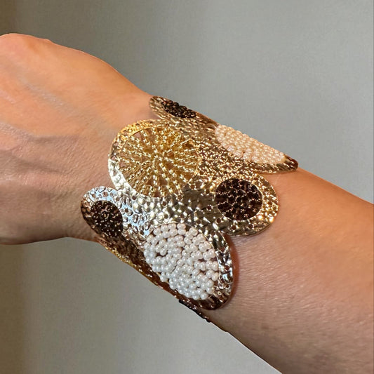 Gold with neutral beads cuff bracelet