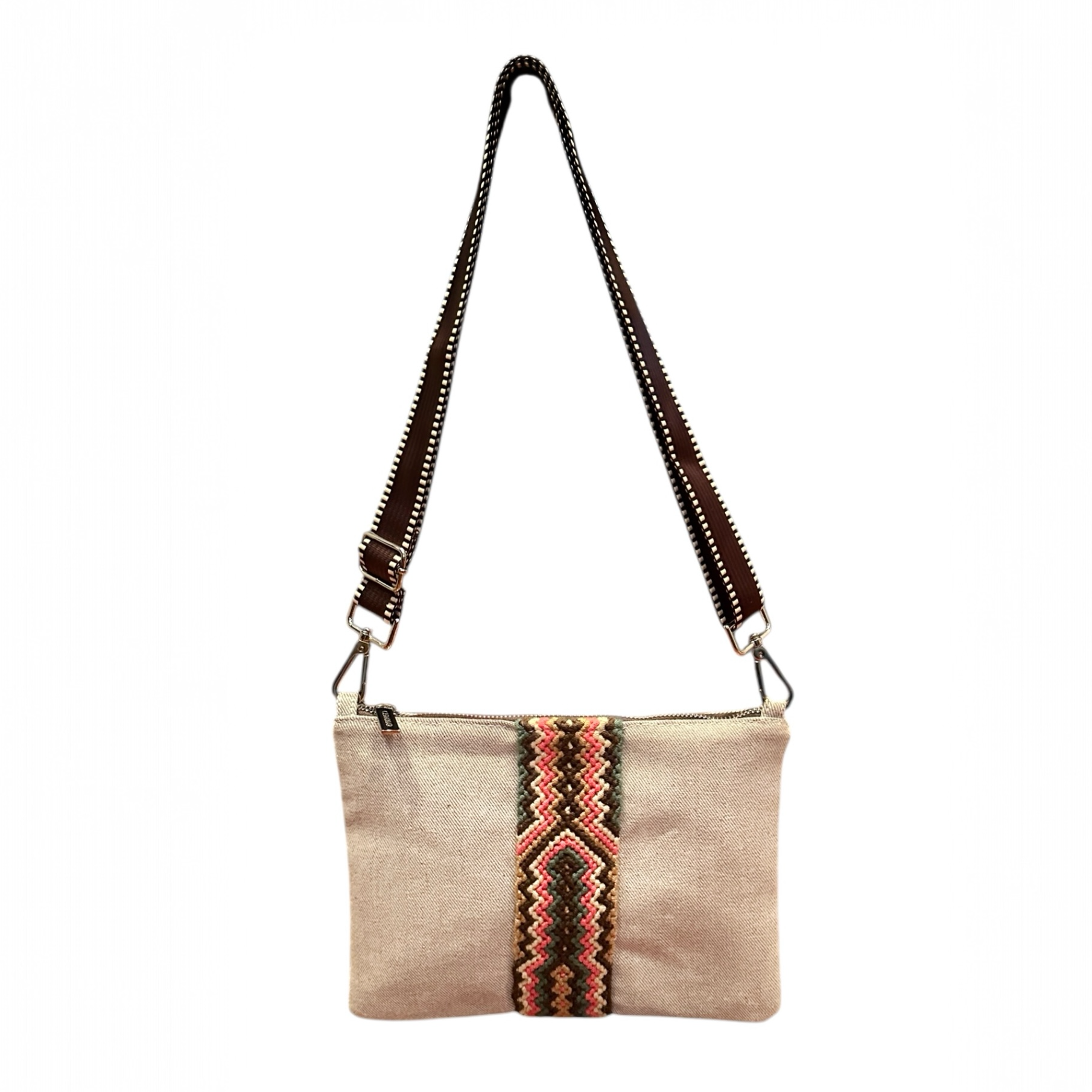 Beige crossbody bag with a colorful pattern on a white background