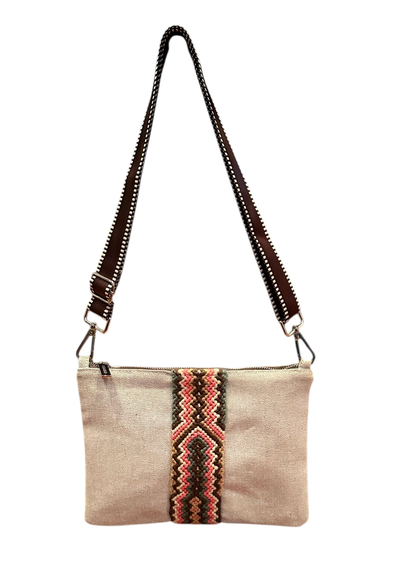 Beige handbag with a colorful pattern on a white background