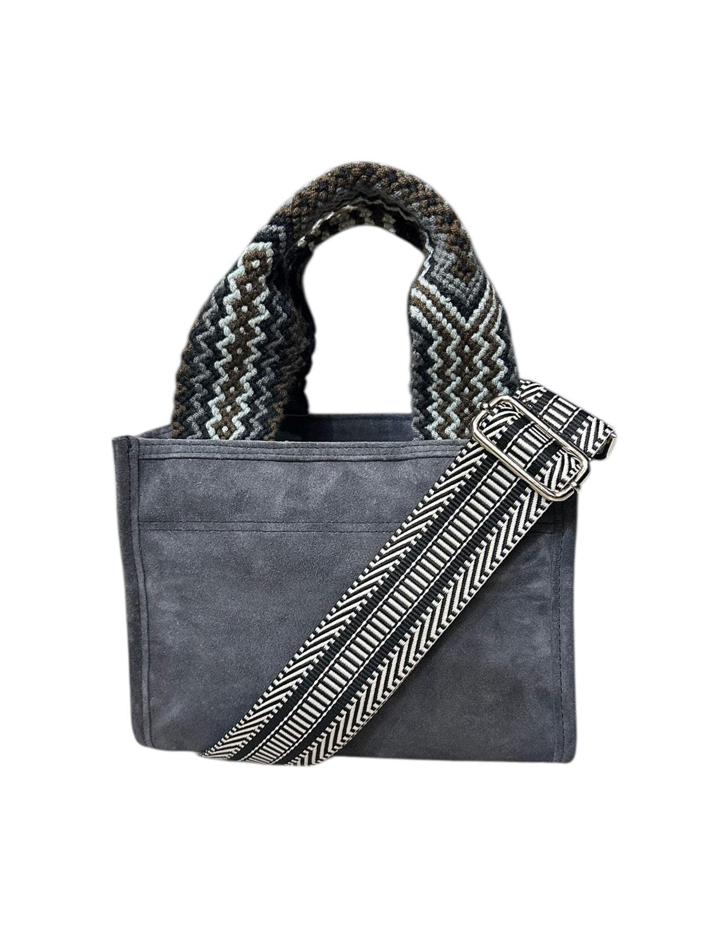 Gray tote bag with a patterned strap on a white background