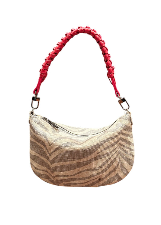 Beige handbag with a red handle on a white background
