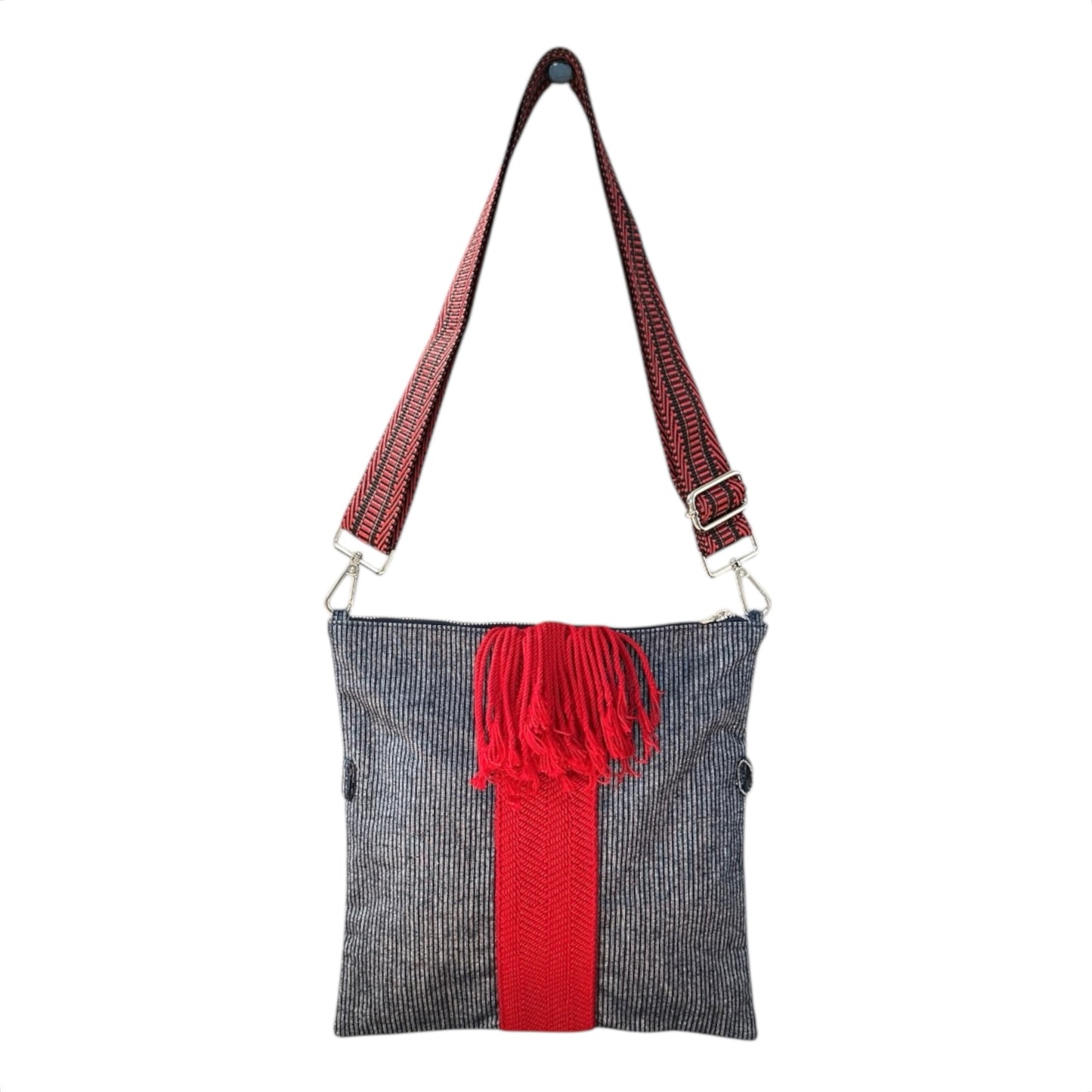 Navy blue denim pinstripe crossbody bag for everyday wear