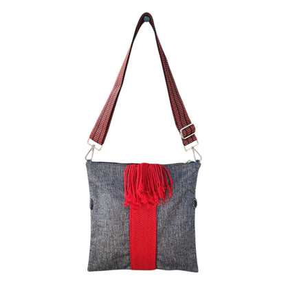 Navy blue denim pinstripe crossbody bag for everyday wear