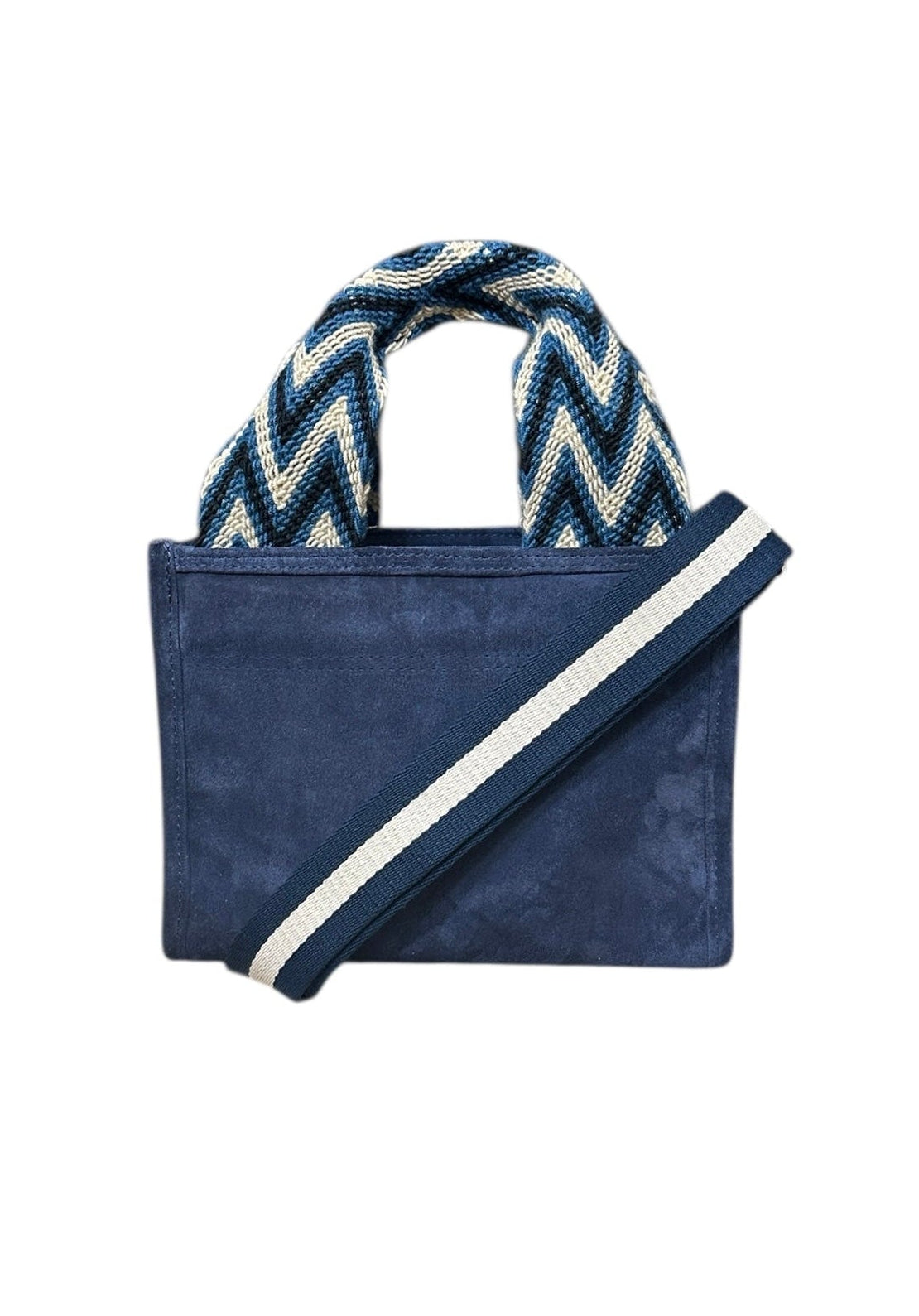 Navy blue bag with a patterned handle on a white background