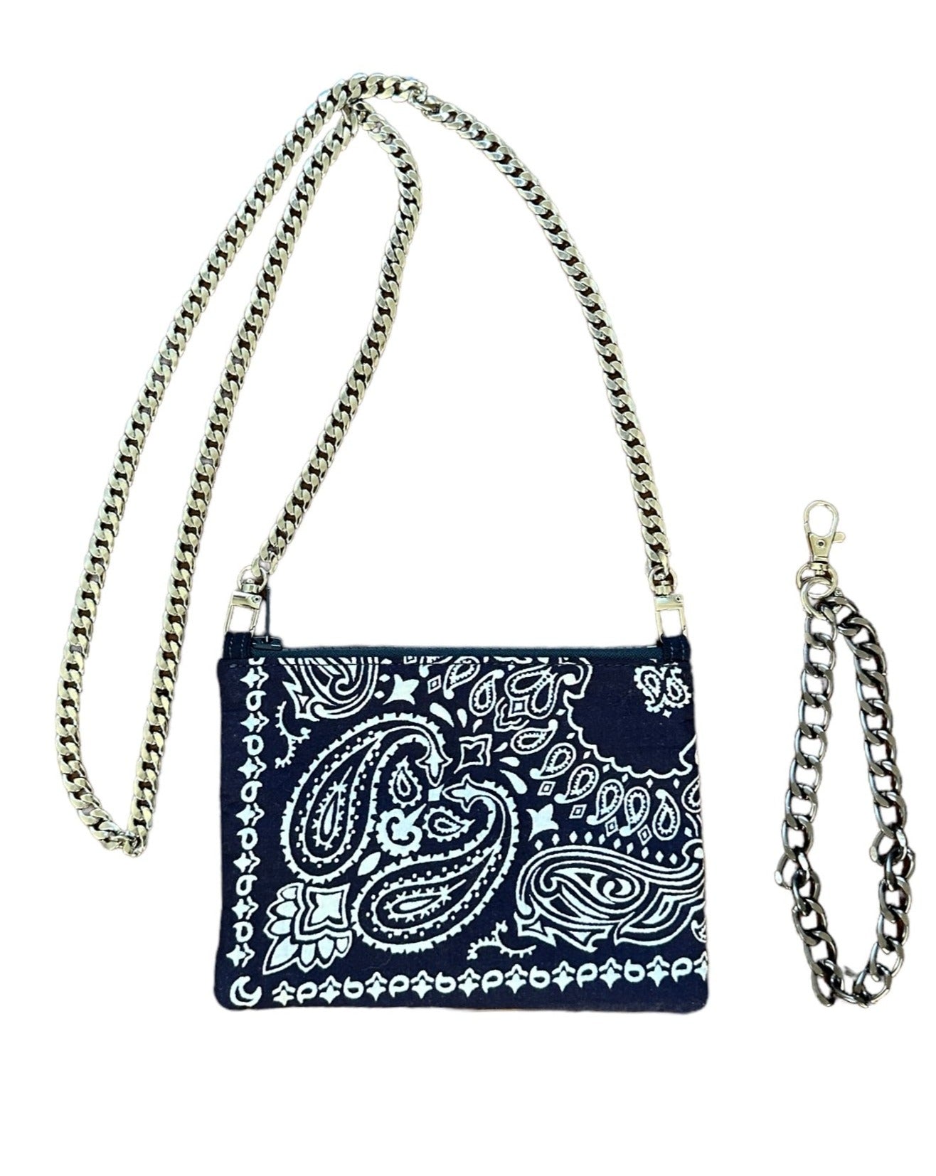Navy bandana pouch with 2 straps.