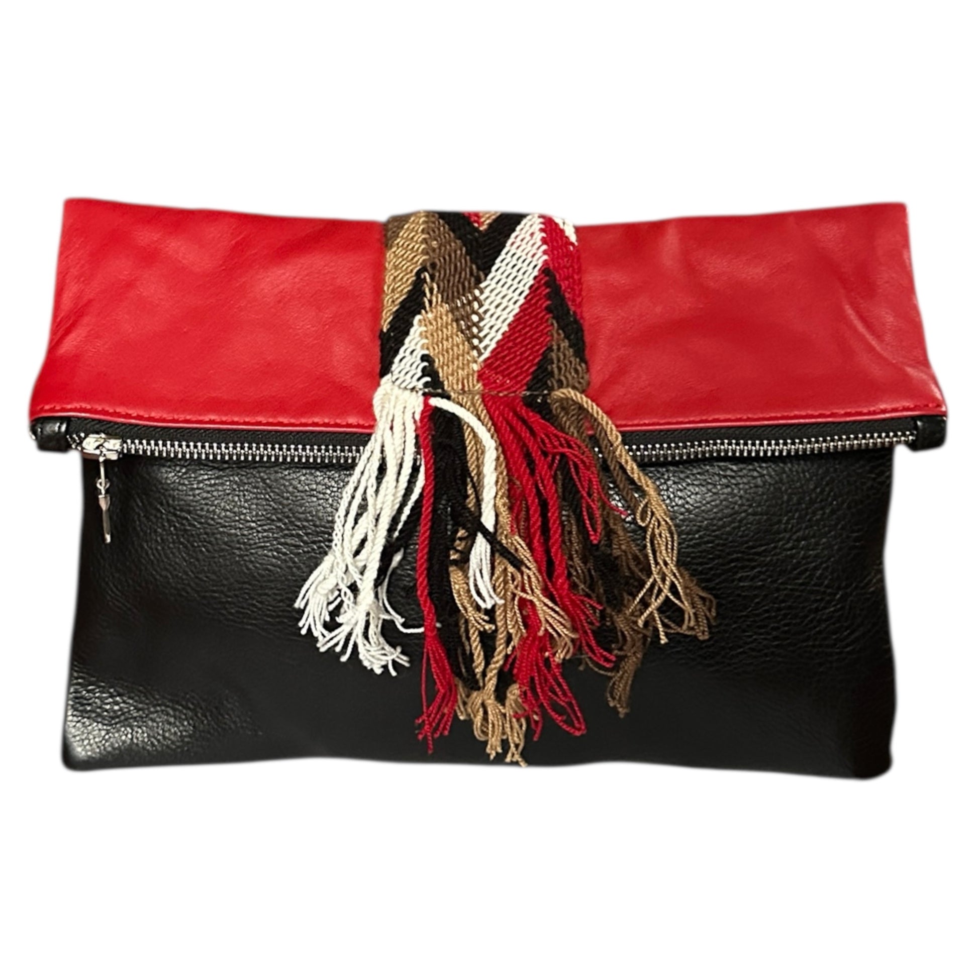 Red and black leather clutch bag with zip closure