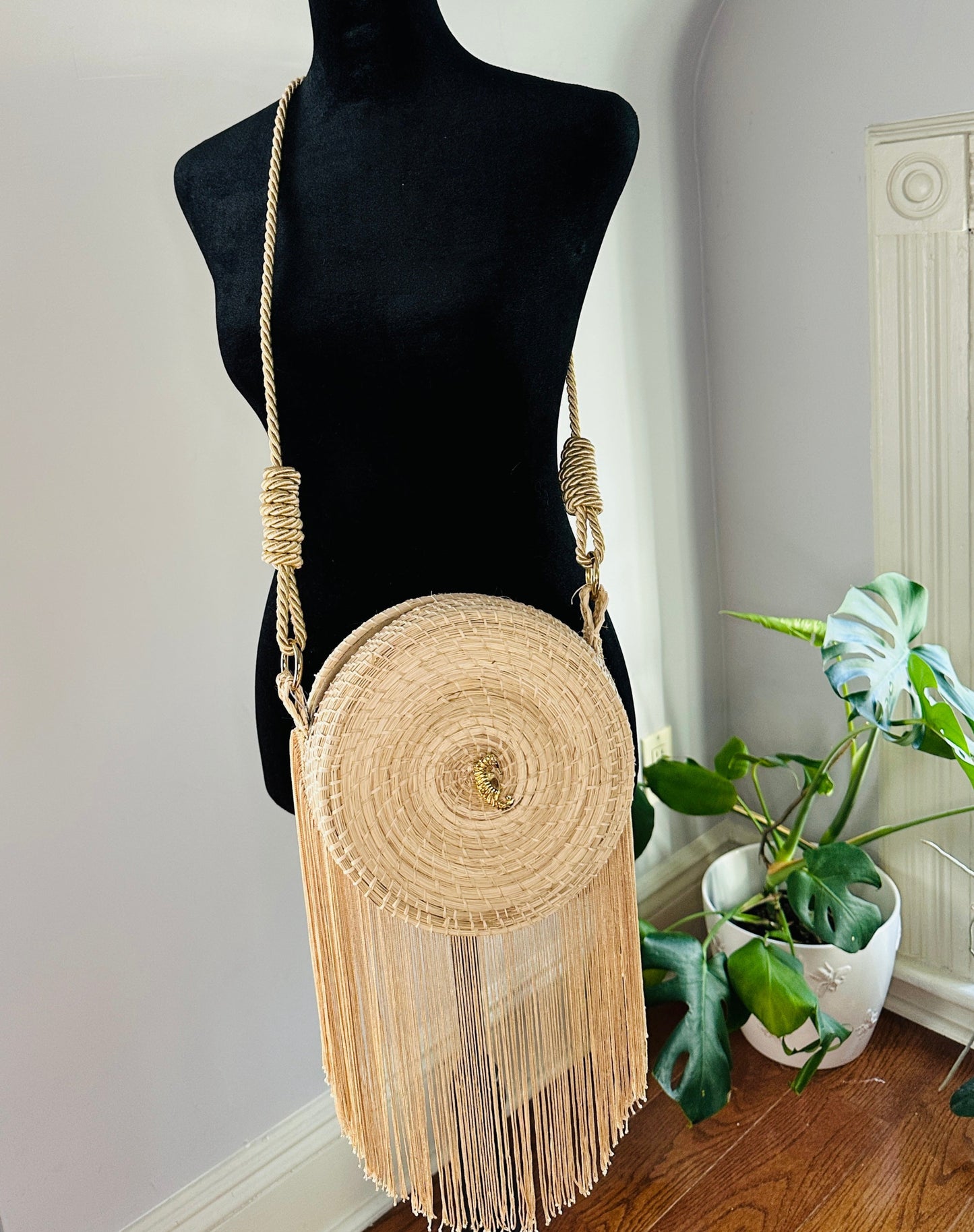 Circle Irica Palm Straw Bag with Long Fringe