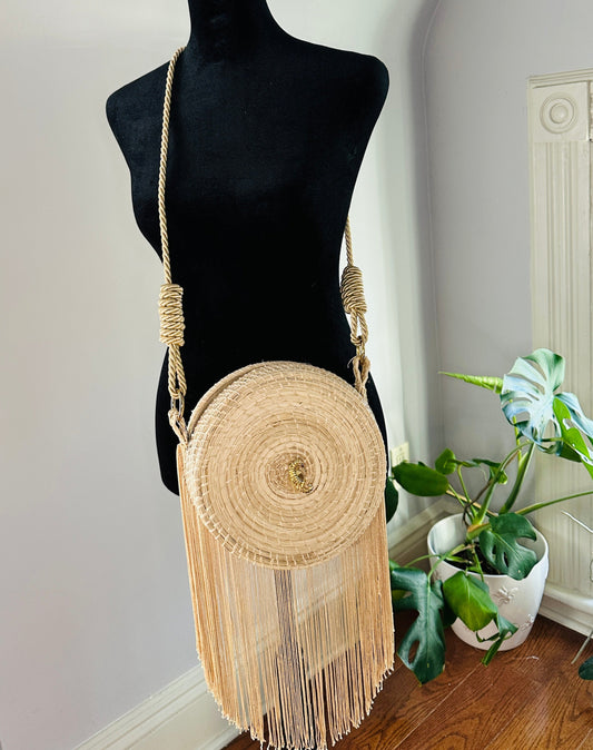Circle Irica Palm Straw Bag with Long Fringe