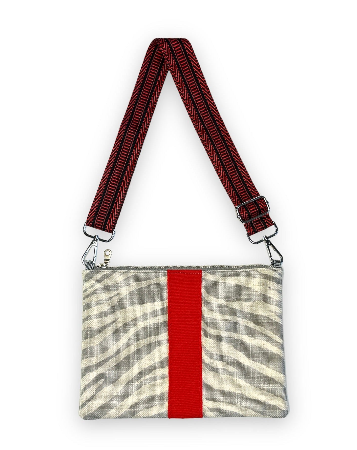 Grey and Cream zebra print with red and black guitar strap webbing.
