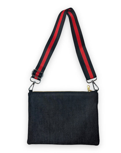 Black denim crossbody bag with strap
